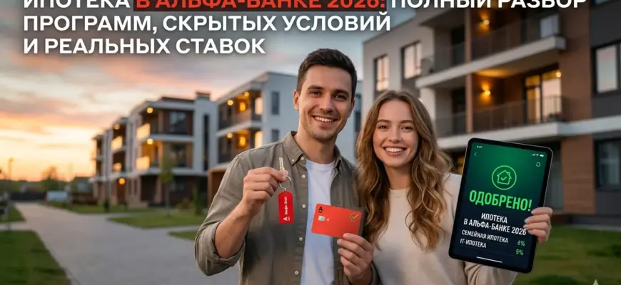 Счастливая пара с ключами и планшетом с надписью Одобрено на фоне нового ЖК — ипотека в Альфа-Банке 2026