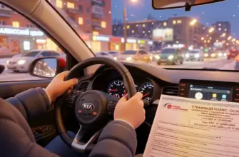 водитель за рулем автомобиля Kia держит страховой полис ОСАГО на фоне вечернего города.