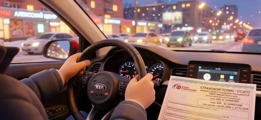 водитель за рулем автомобиля Kia держит страховой полис ОСАГО на фоне вечернего города.