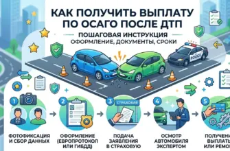 Инфографика: как получить выплату по ОСАГО после ДТП — пошаговая схема действий.