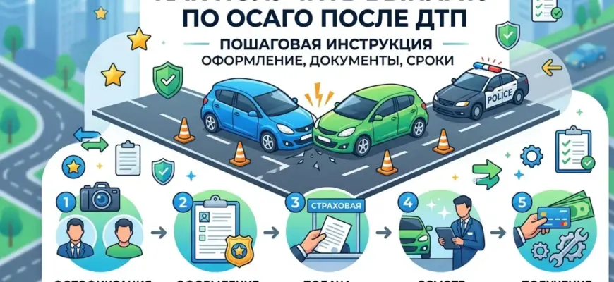 Инфографика: как получить выплату по ОСАГО после ДТП — пошаговая схема действий.